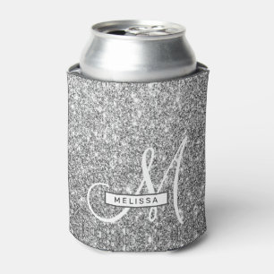 Glam Silver Glitter Custom Monogrammed and Named Can Cooler