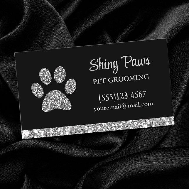 Glam Silver Glitter Dog Paw Print Pet Grooming Business Card (Creator Uploaded)
