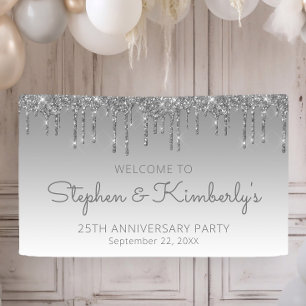 Glam Silver Glitter Drip 25th Anniversary Party Banner