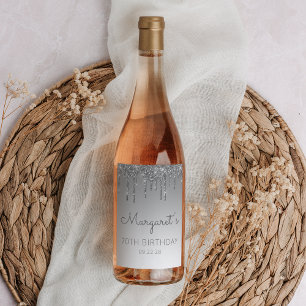 Glam Silver Glitter Drip 70th Birthday Party Wine Label