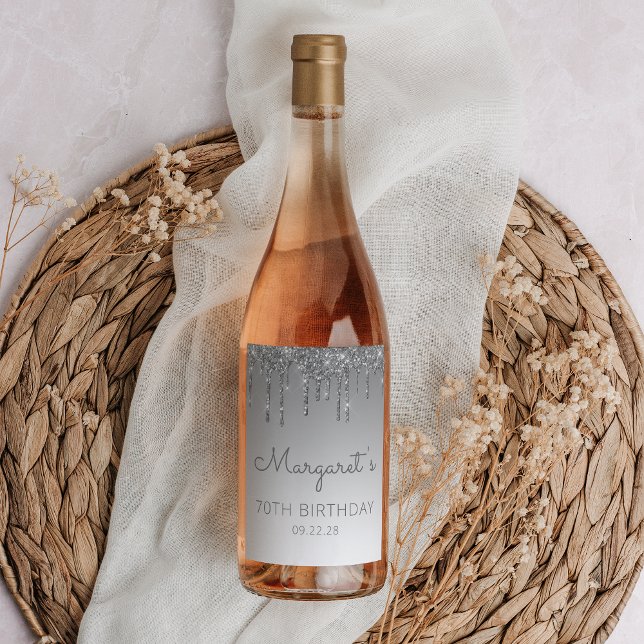 Glam Silver Glitter Drip 70th Birthday Party Wine Label (Creator Uploaded)