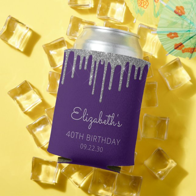 Glam Silver Glitter Drip Purple 40th Birthday Can Cooler (In Situ Summer)