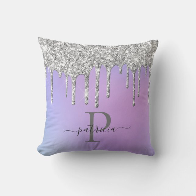 Glam Silver Glitter Drips Elegant Monogram   Cushion (Front)