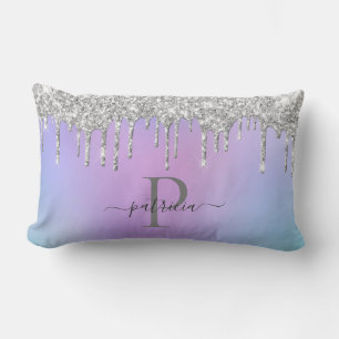Glam Silver Glitter Drips Elegant Monogram Lumbar Cushion