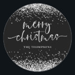 Glam Silver Glitter Merry Christmas Black Classic Round Sticker<br><div class="desc">Glam Silver Glitter Merry Christmas Black. Glitzy style with silver faux glitter on black and a set elegant script for Merry Christmas. Easily personalise your name.</div>