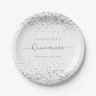 Glam Silver Glitter Name Date Quinceañera Paper Plate