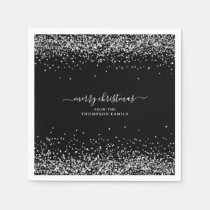 Glam Silver Glitter Name Merry Christmas Black Napkin