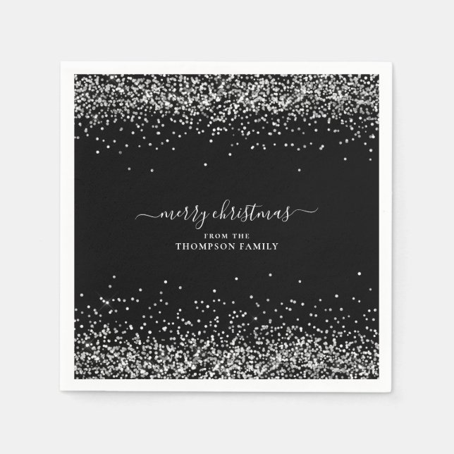 Glam Silver Glitter Name Merry Christmas Black Napkin (Front)