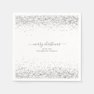Glam Silver Glitter Name Merry Christmas White Napkin