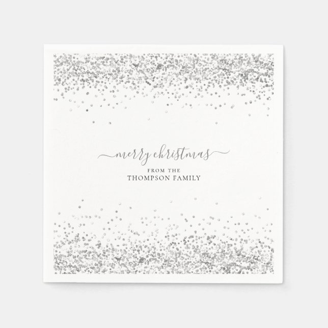 Glam Silver Glitter Name Merry Christmas White Napkin (Front)