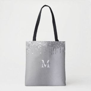 Glam Silver Glitter Personalized Monogram Tote Bag