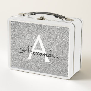 Glam Silver Glitter & Sparkle Monogram Metal Lunch Box