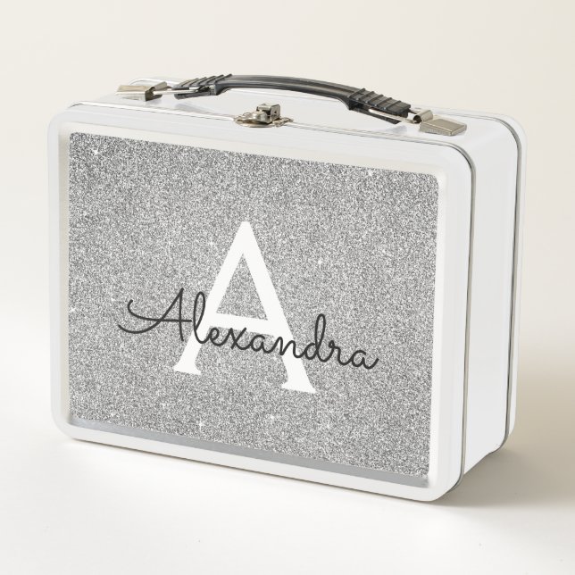 Glam Silver Glitter & Sparkle Monogram Metal Lunch Box (Front)