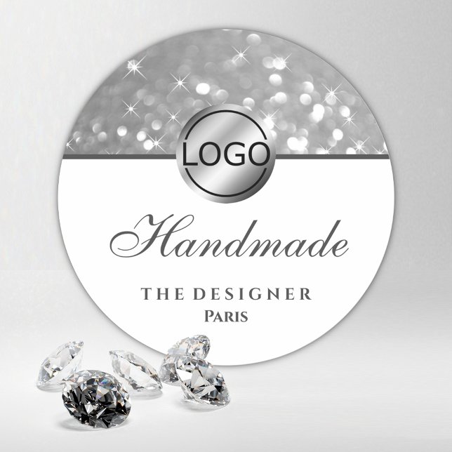 Glam Silver Glitter Sparkle Stars Logo Handmade Classic Round Sticker (Creator Uploaded)