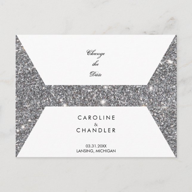 Glam Silver Glitter  Wedding Change the Date Announcement Postcard (Front)