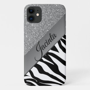 Glam Silver Glitter Zebra Print Personalised iPhone 11 Case