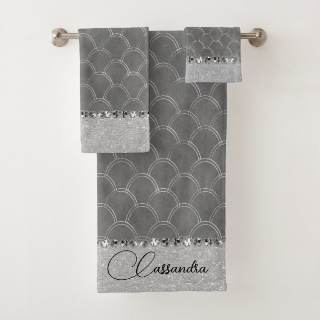 Glam Silver Glittery Diamond Bling   Bath Towel Set (Insitu)