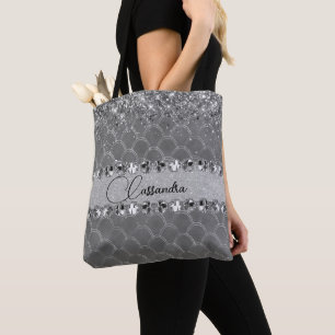Glam Silver Glittery Diamond Bling Tote Bag