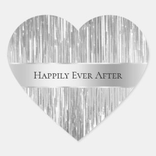 Glam Silver Glitzy Stripes Wedding Heart Sticker