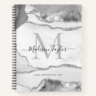 Glam Silver Grey Agate Geode Monogram Script Name Notebook