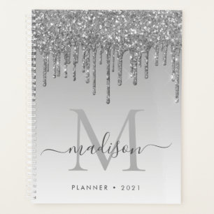 Glam Silver Grey Glitter Drips Girly Monogram 2021 Planner