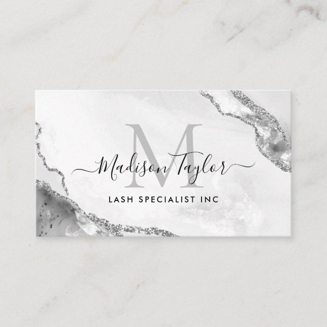 Glam Silver Grey Glitter Marble Agate Monogram QR Business Card (Front)