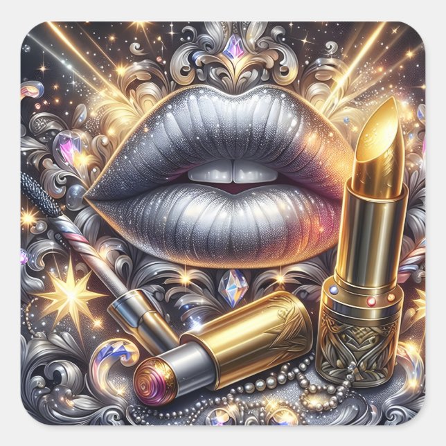 Glam Silver Lips Luxury Makeup Art Design Square Sticker (Front)