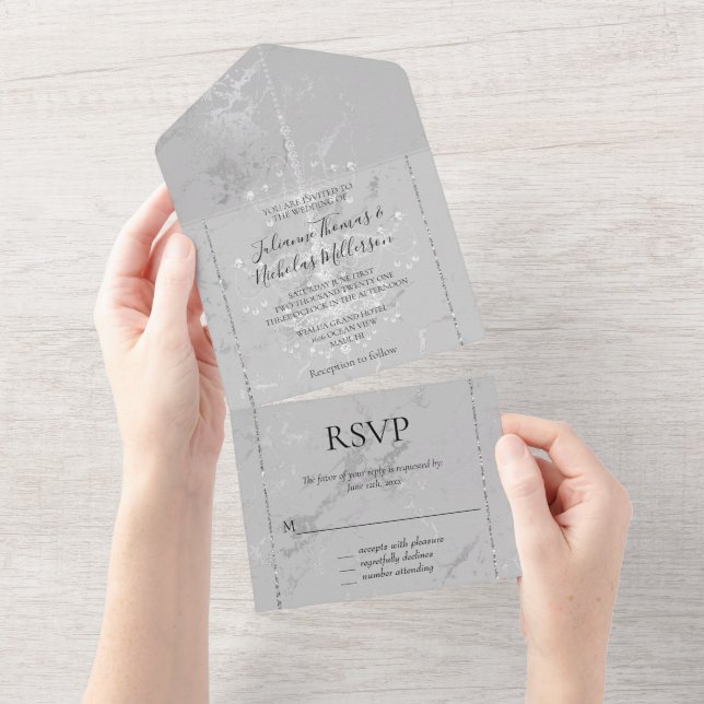Glam Silver Marble Diamond Chandelier All In One Invitation (Tearaway)