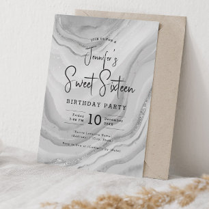 Glam Silver Marble Glitter Sweet 16 Party Invitation