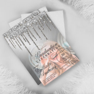 Glam Silver Metallic Glitter Drip Photo Graduation Invitation