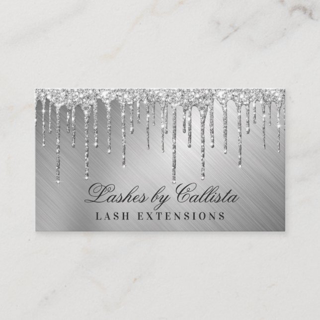 Glam Silver Metallic Glitter Drips Lashes Business Card (Front)