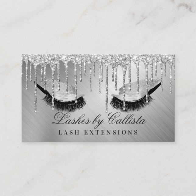 Glam Silver Metallic Glitter Drips Lashes Eyes Business Card (Front)
