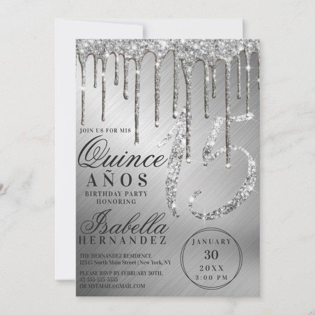 Glam Silver Metallic Glitter Drips Quinceañera Invitation (Front)