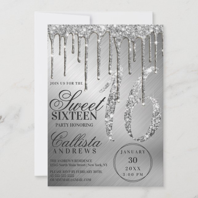Glam Silver Metallic Glitter Drips Sweet 16 Invitation (Front)