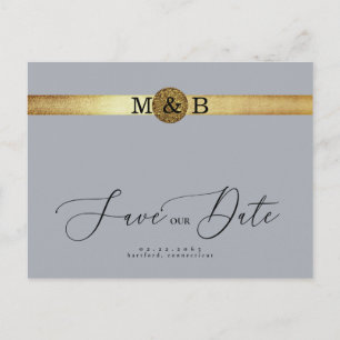 Glam Silver & Metallic Gold Monogram Save the Date Postcard