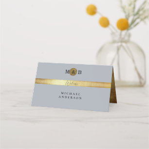 Glam Silver & Metallic Gold Monogram Wedding II Place Card