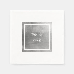 Glam Silver Metallic & White Wedding Cocktail Napkin