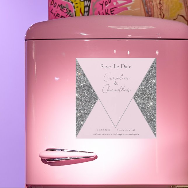 Glam Silver & Pink Wedding Save the Date Magnetic (Creator Uploaded)