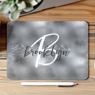 Glam Silver Trendy Script Monogram  Mouse Pad