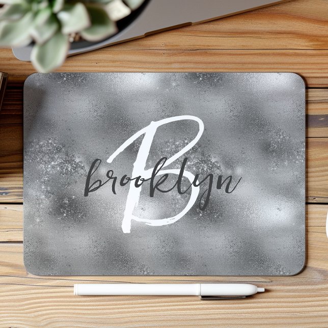 Glam Silver Trendy Script Monogram  Mouse Pad (Creator Uploaded)
