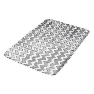 Glam Silver White Zigzag Stripes Bath Mat