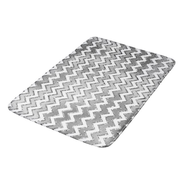 Glam Silver White Zigzag Stripes Bath Mat (Angled)