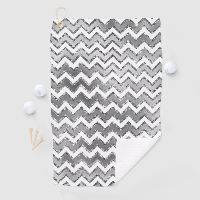 Glam Silver White Zigzag Stripes Golf Towel (InSitu)