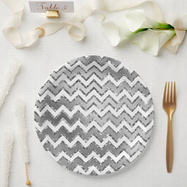 Glam Silver White Zigzag Stripes Paper Plate (Wedding)
