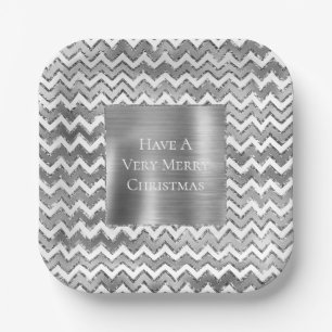 Glam Silver White Zigzag Stripes Paper Plate