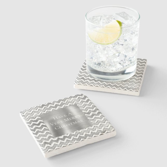 Glam Silver White Zigzag Stripes Stone Coaster (Side)