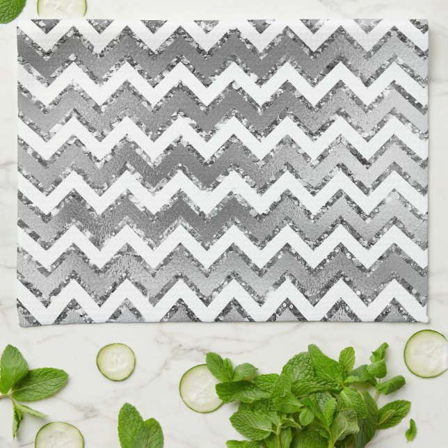 Glam Silver White Zigzag Stripes Tea Towel (Folded)