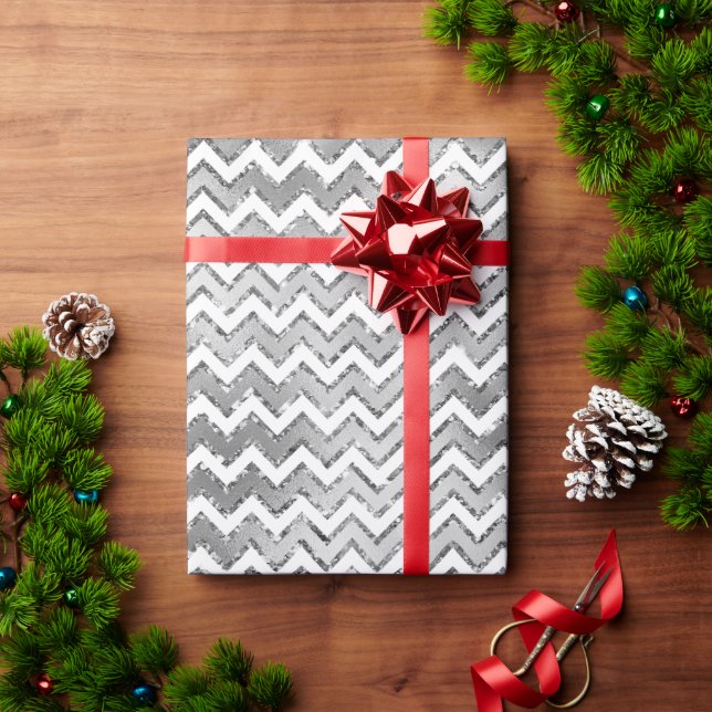 Glam Silver White Zigzag Stripes Wrapping Paper (Holiday Gift)