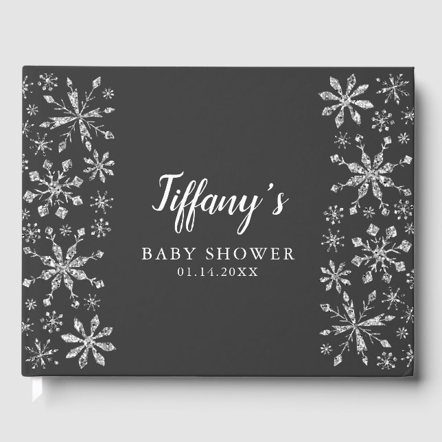 Glam Silver Winter Wonderland Baby Shower Guest Book (Front)