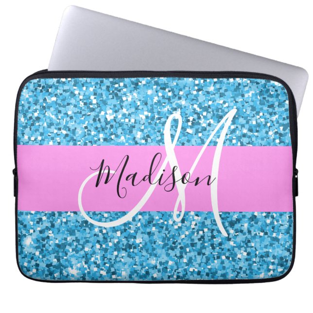 Glam Sky Blue Pink Glitter Sparkles Name Monogram Laptop Sleeve (Front)